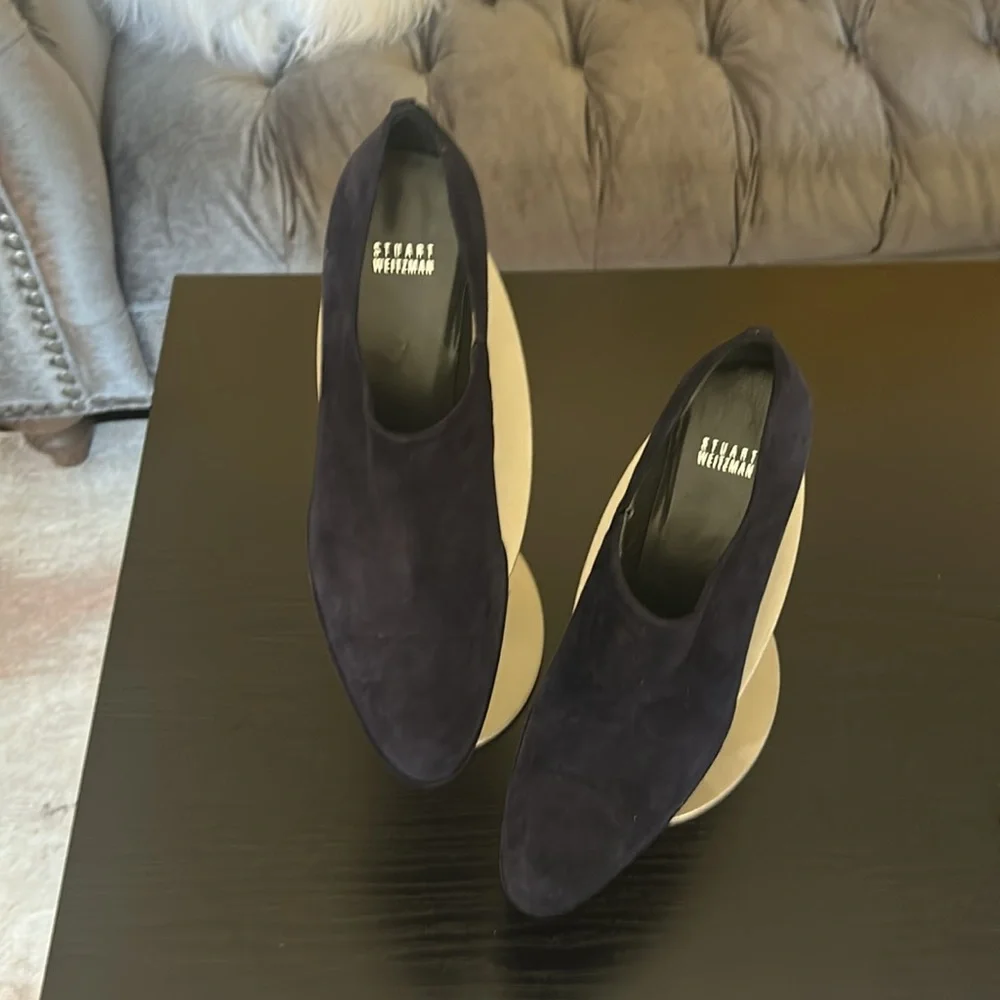 Stuart Weitzman Navy Blue Suede Heeled Booties Made in Spain Size 9.5 M - Picture 3 of 13